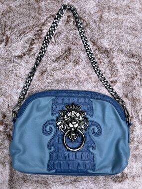 True Vintage Sharif Blue Leather Bag with Metal Lion